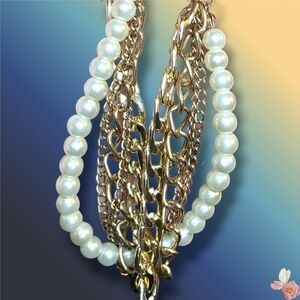 Gold Tone Chain & Faux Pearl Multi-Strand Bracelet Anklet Adjustable 375